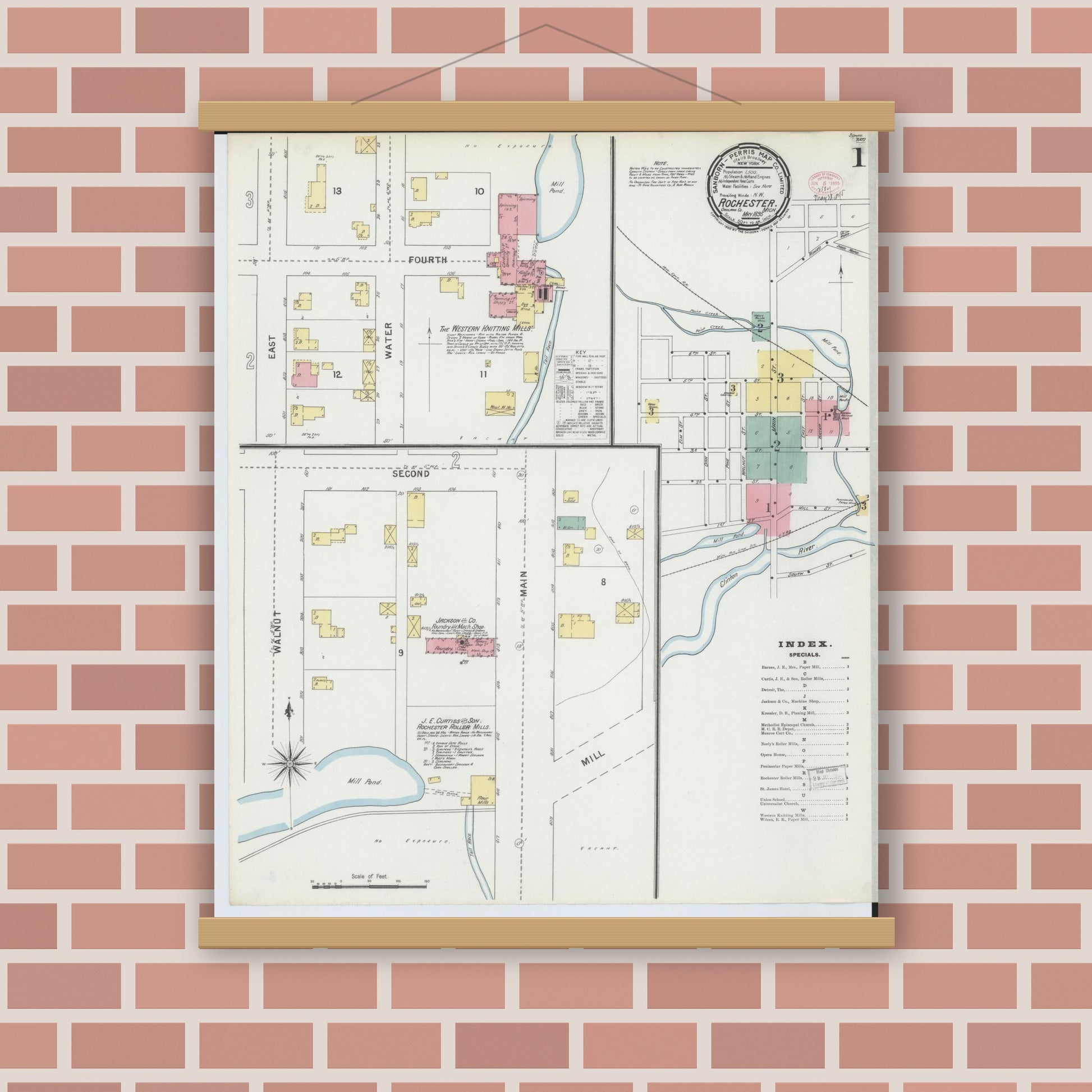 Old map wall art mockup — magnetic wood frame on brick wall — Sanborn Fire Insurance Map from Rochester, Oakland County, Michigan (1895) - Complete Map Set