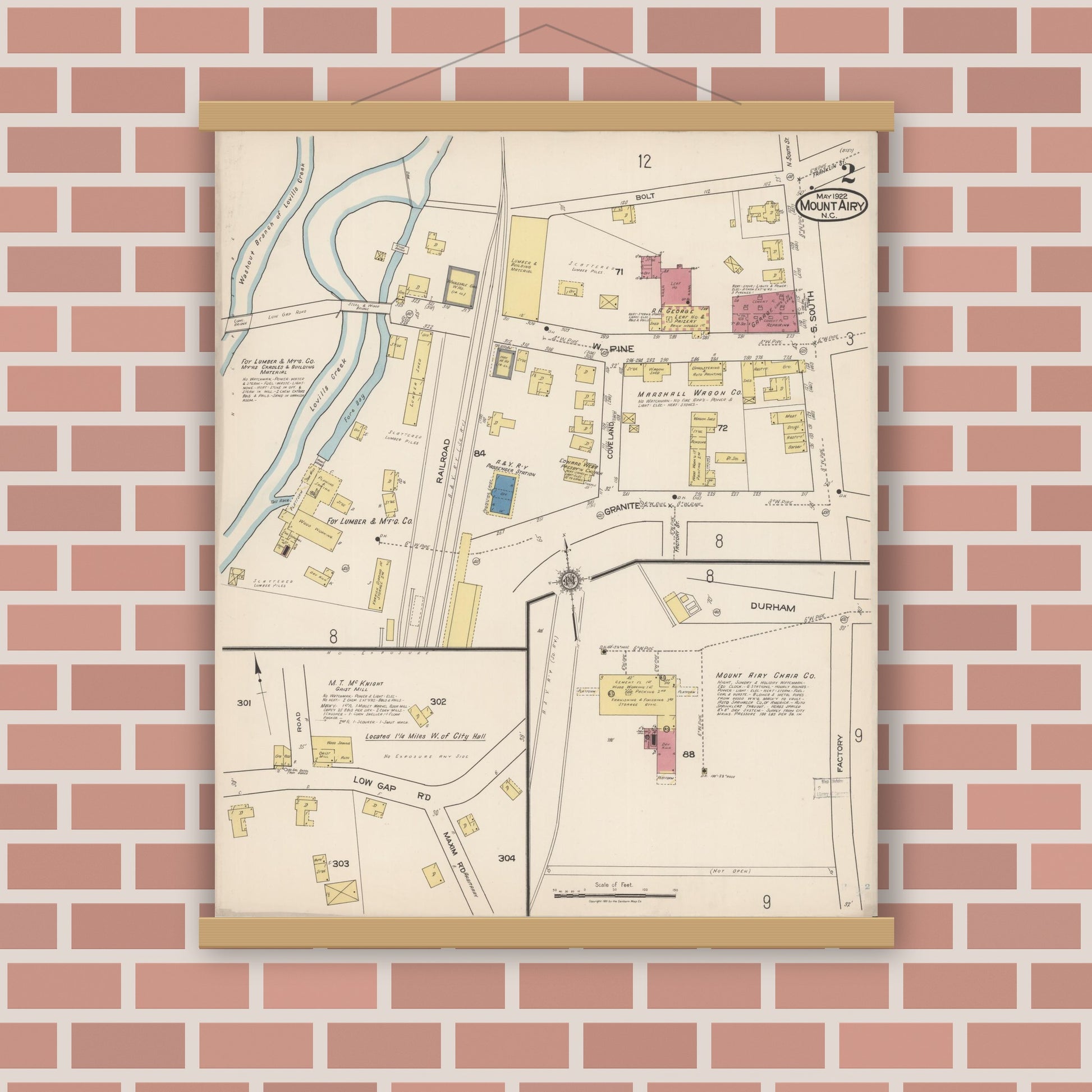 Old map wall art mockup — magnetic wood frame on brick wall — Sanborn Fire Insurance Map from Mount Airy, Surry County, North Carolina (1922), Sheet #0002