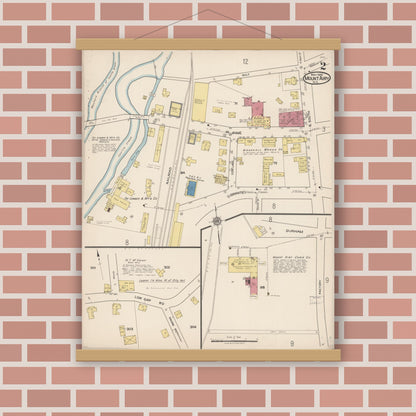 Old map wall art mockup — magnetic wood frame on brick wall — Sanborn Fire Insurance Map from Mount Airy, Surry County, North Carolina (1922), Sheet #0002