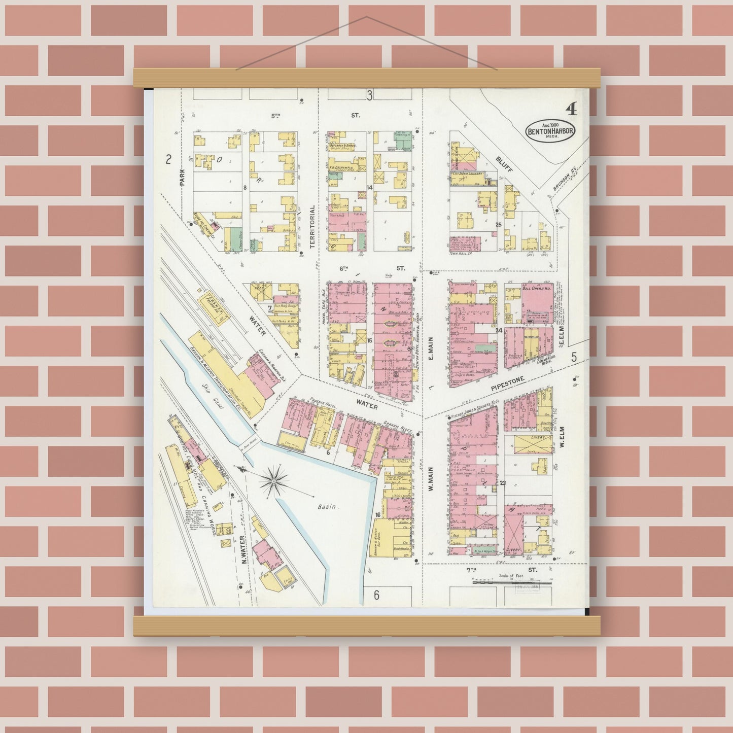 Old map wall art mockup — magnetic wood frame on brick wall — Sanborn Fire Insurance Map from Benton Harbor, Berrien County, Michigan (1900), Sheet #0004