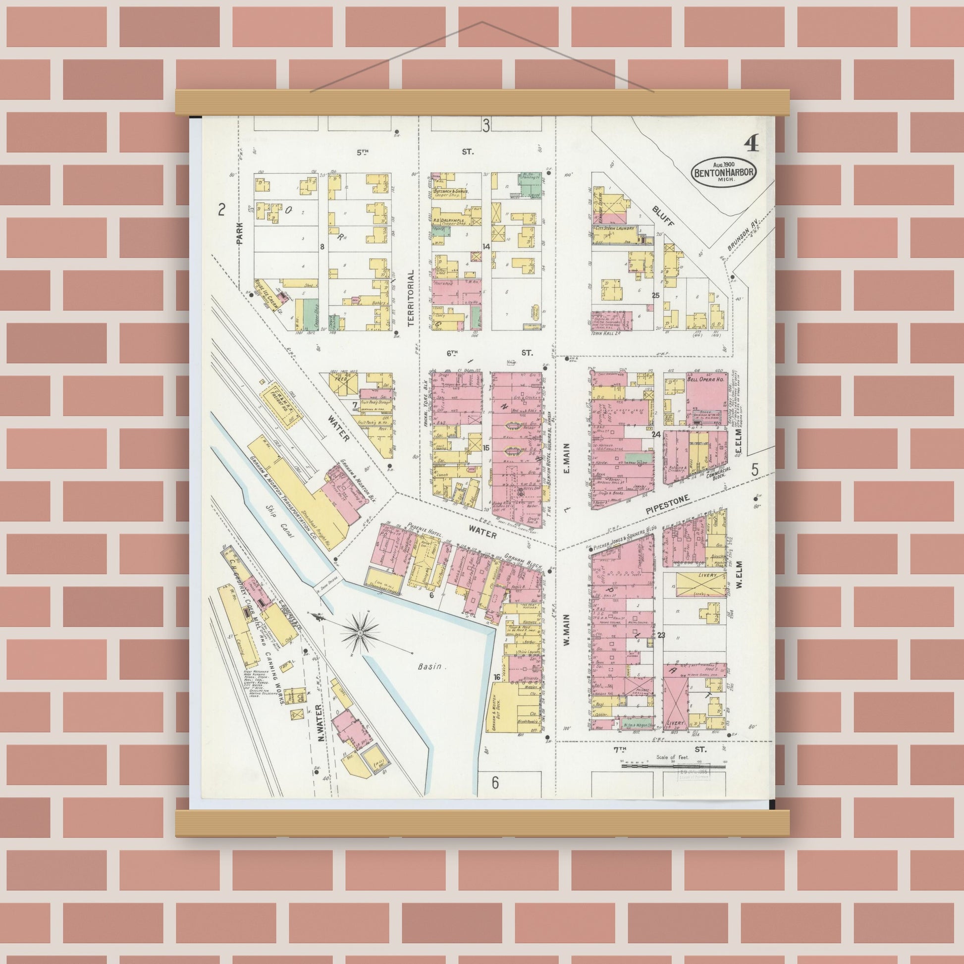 Old map wall art mockup — magnetic wood frame on brick wall — Sanborn Fire Insurance Map from Benton Harbor, Berrien County, Michigan (1900), Sheet #0004