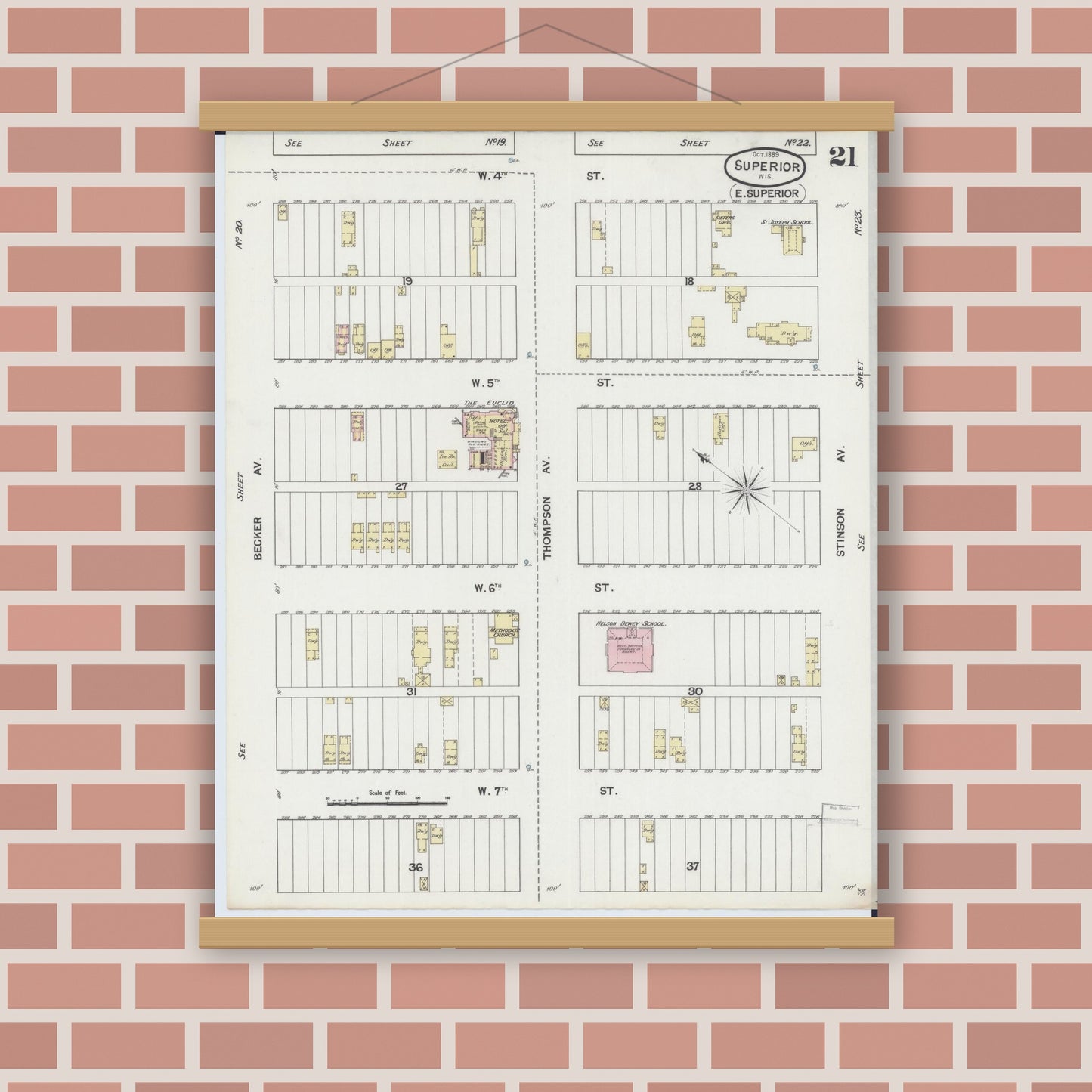 Old map wall art mockup — magnetic wood frame on brick wall — Sanborn Fire Insurance Map from Superior, Douglas County, Wisconsin (1889), Sheet #0021