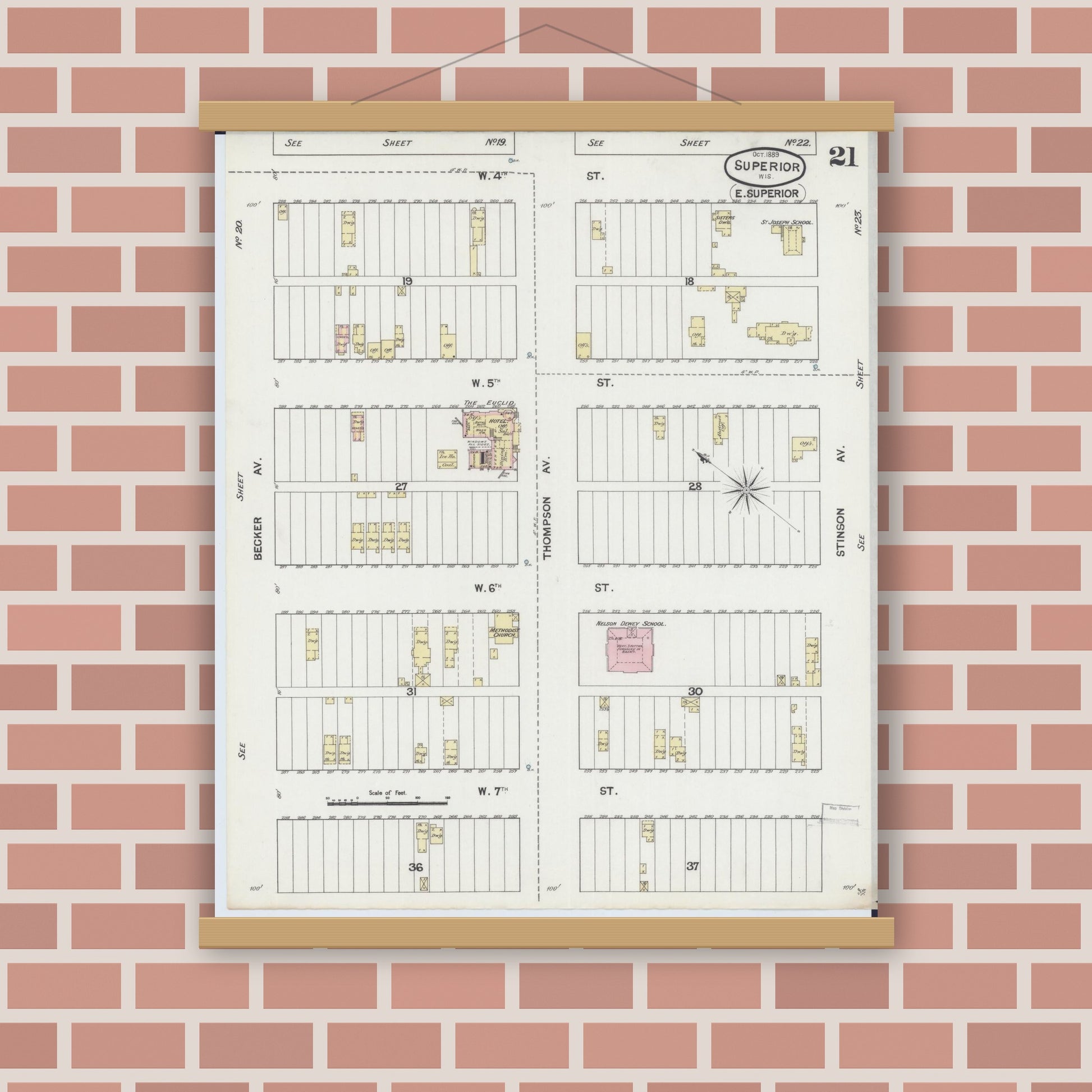Old map wall art mockup — magnetic wood frame on brick wall — Sanborn Fire Insurance Map from Superior, Douglas County, Wisconsin (1889), Sheet #0021