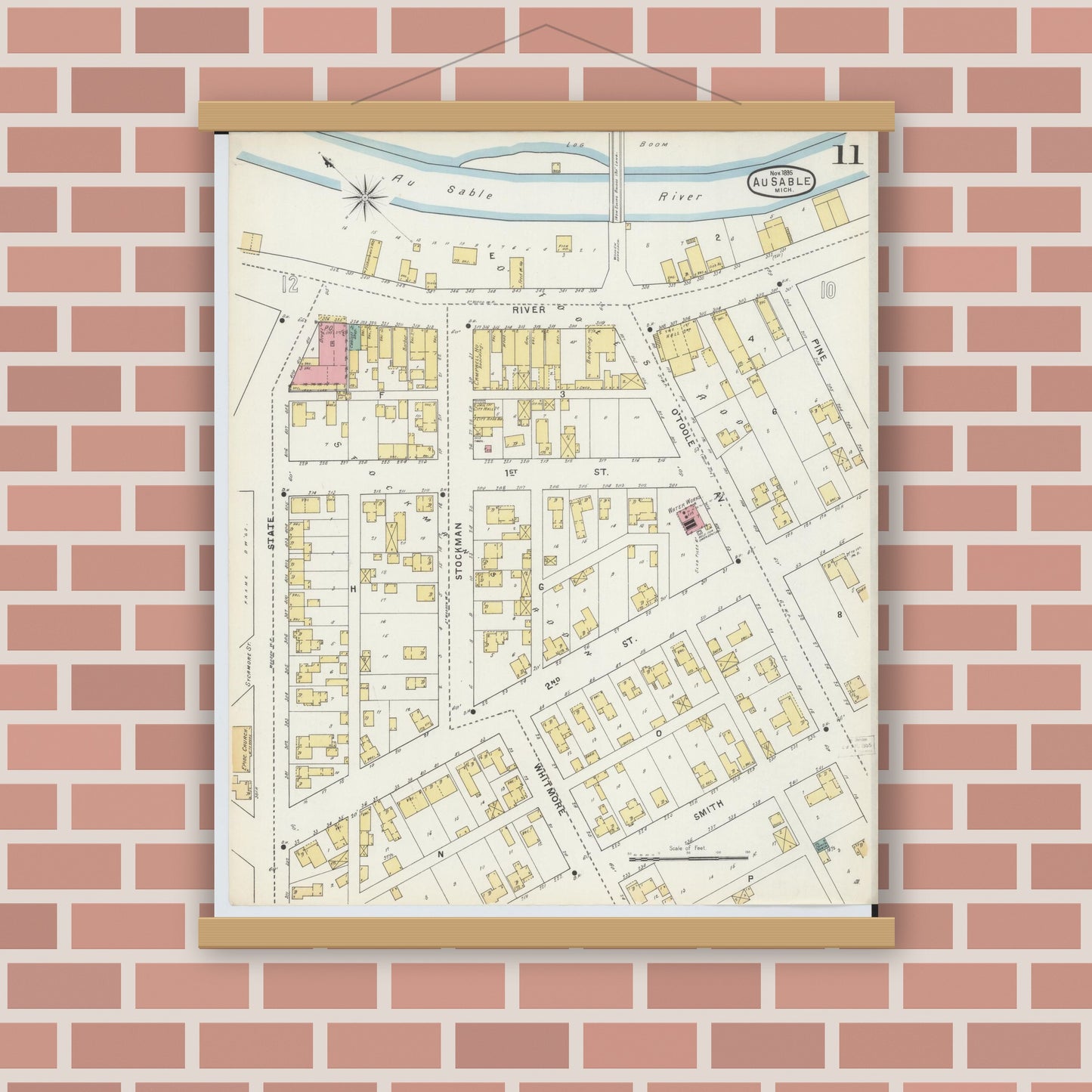 Old map wall art mockup — magnetic wood frame on brick wall — Sanborn Fire Insurance Map from Oscoda, Iosco County, Michigan (1895), Sheet #0011