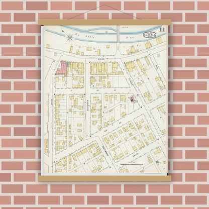 Old map wall art mockup — magnetic wood frame on brick wall — Sanborn Fire Insurance Map from Oscoda, Iosco County, Michigan (1895), Sheet #0011