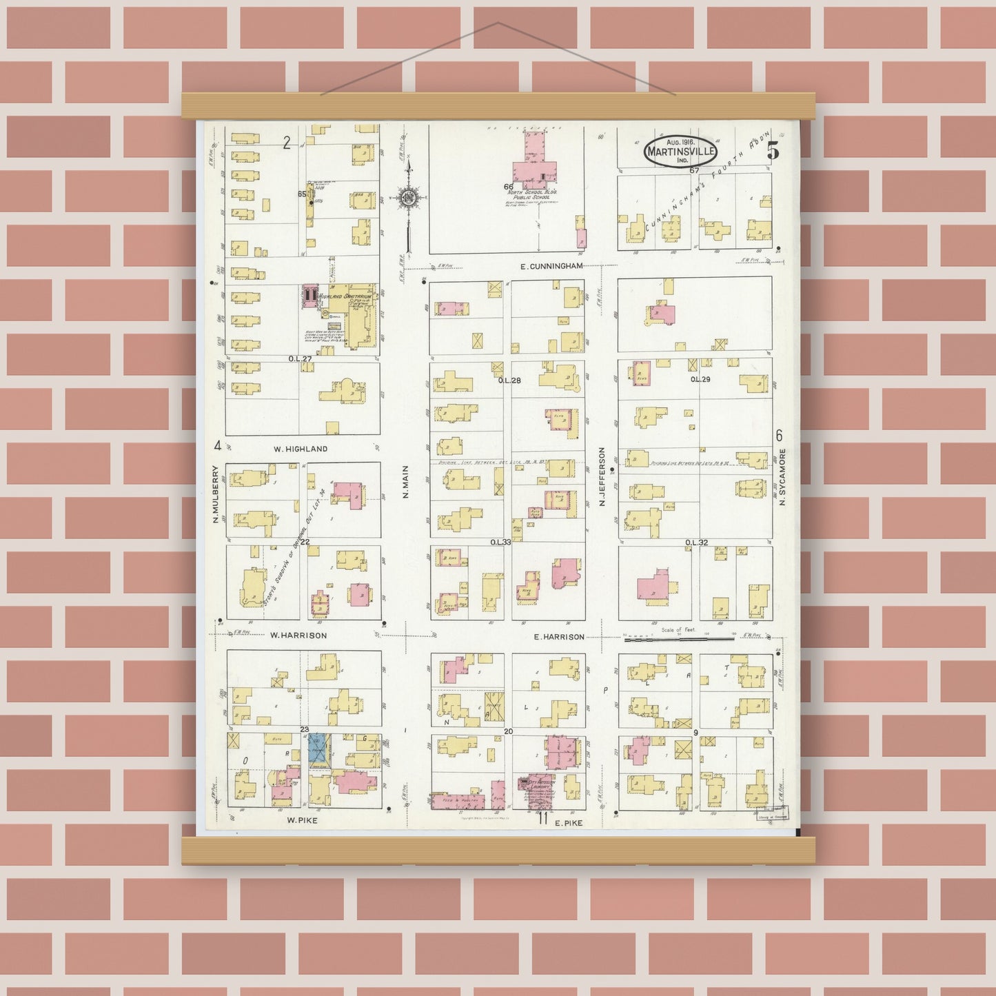Old map wall art mockup — magnetic wood frame on brick wall — Sanborn Fire Insurance Map from Martinsville, Morgan County, Indiana (1916), Sheet #0005