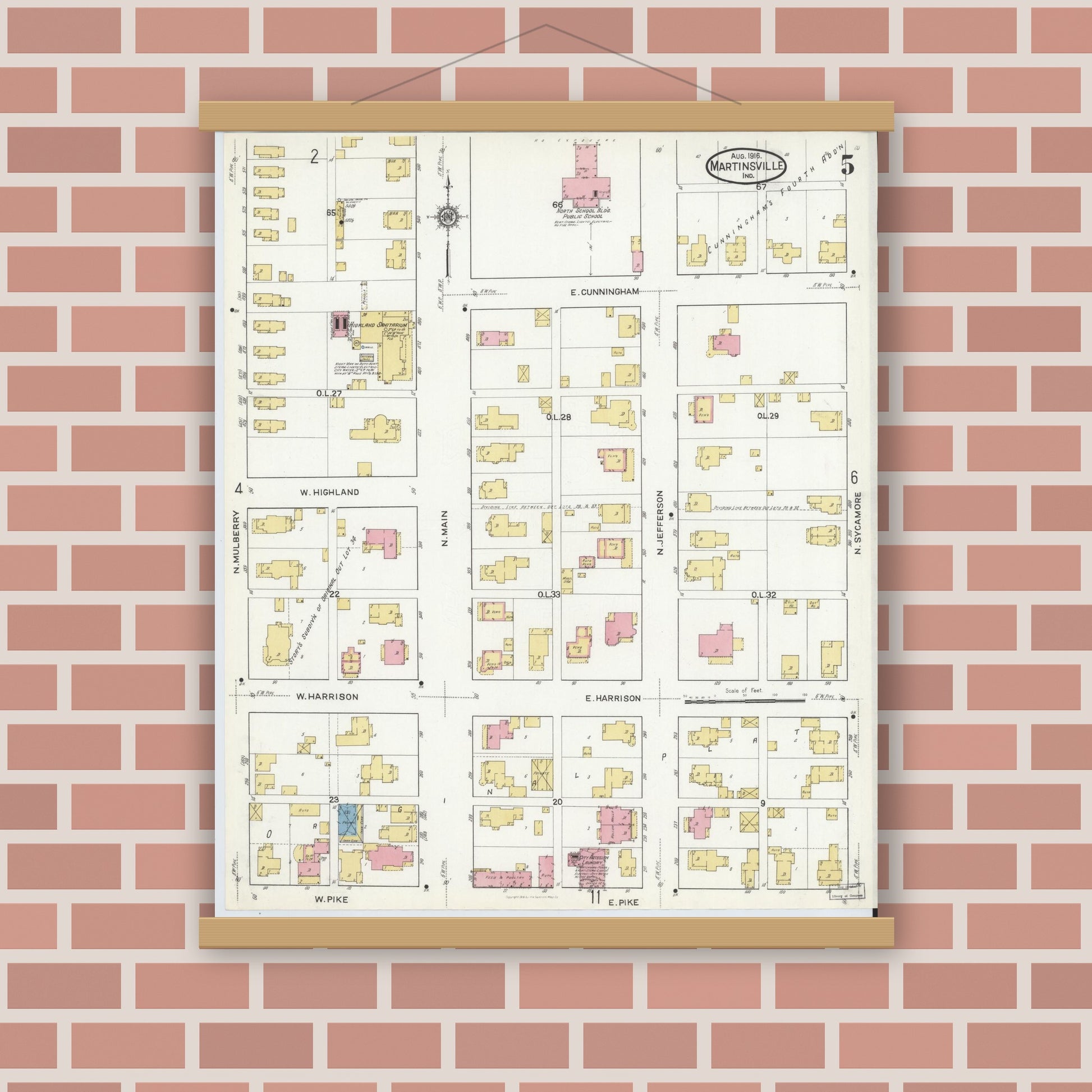 Old map wall art mockup — magnetic wood frame on brick wall — Sanborn Fire Insurance Map from Martinsville, Morgan County, Indiana (1916), Sheet #0005