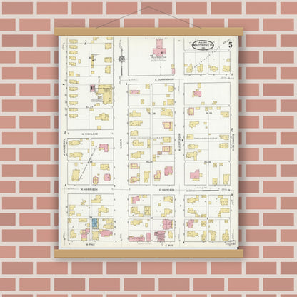 Old map wall art mockup — magnetic wood frame on brick wall — Sanborn Fire Insurance Map from Martinsville, Morgan County, Indiana (1916), Sheet #0005