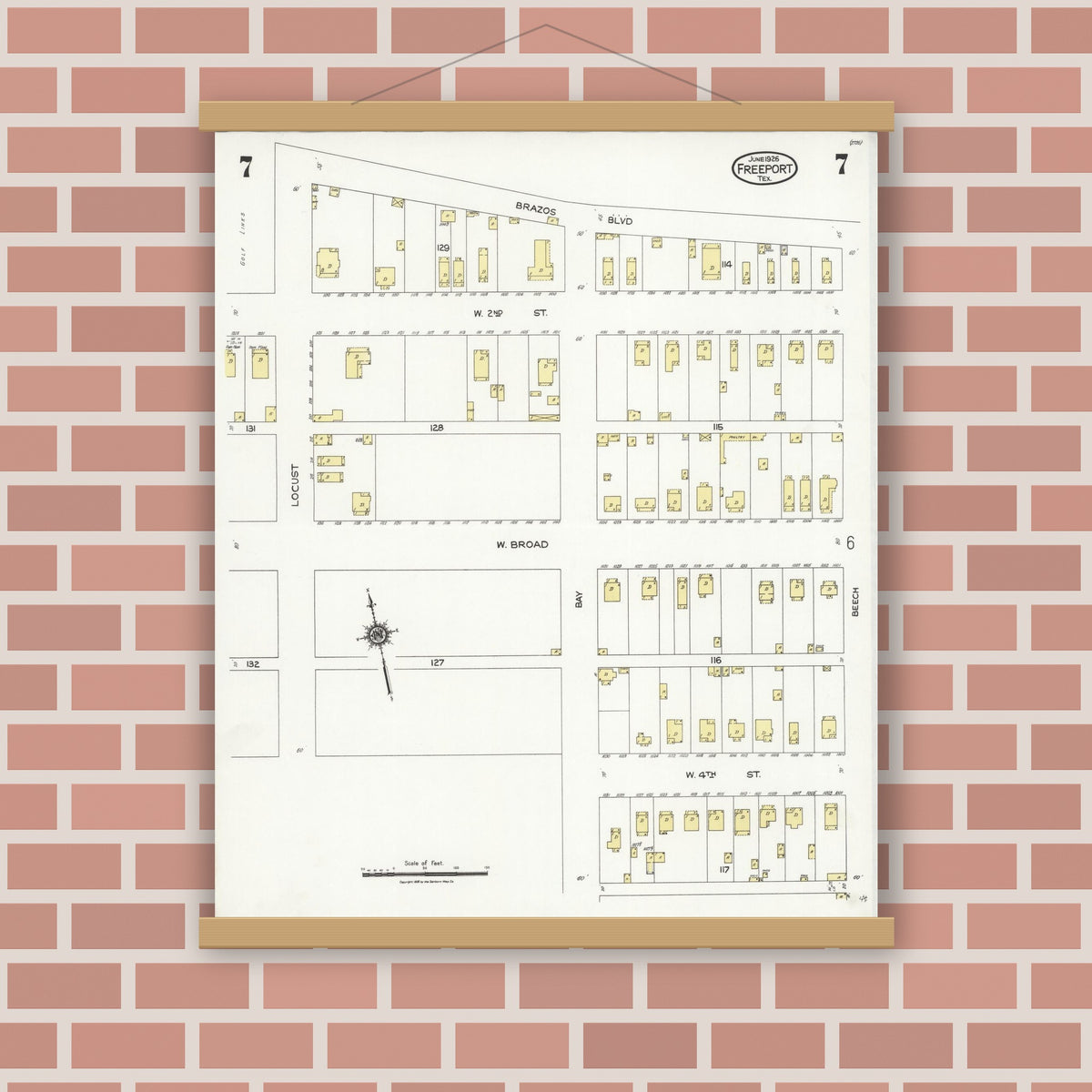 Old map wall art mockup — magnetic wood frame on brick wall — Sanborn Fire Insurance Map from Freeport, Brazoria County, Texas (1926), Sheet #0007