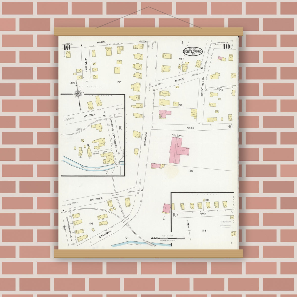 Old map wall art mockup — magnetic wood frame on brick wall — Sanborn Fire Insurance Map from Fort Edward, Washington County, New York (1924), Sheet #0010