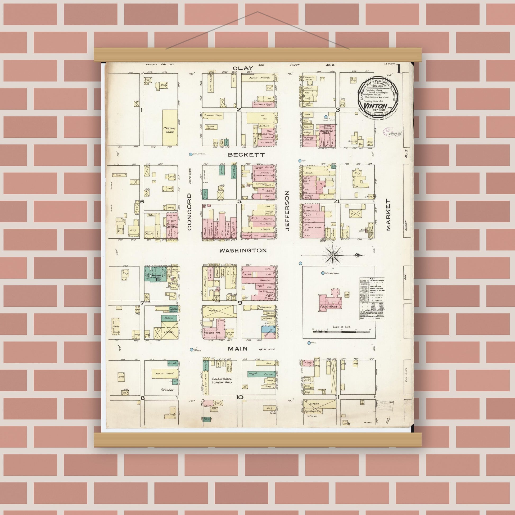 Old map wall art mockup — magnetic wood frame on brick wall — Sanborn Fire Insurance Map from Vinton, Benton County, Iowa (1885), Sheet #0001