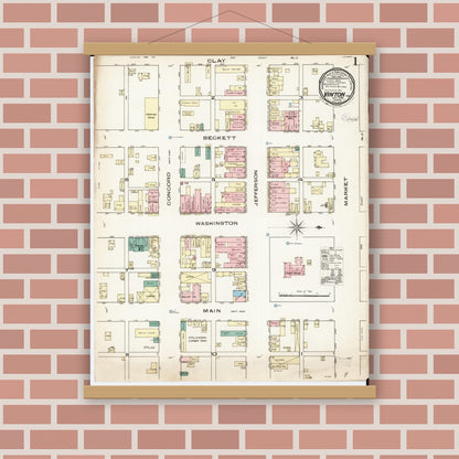 Old map wall art mockup — magnetic wood frame on brick wall — Sanborn Fire Insurance Map from Vinton, Benton County, Iowa (1885), Sheet #0001