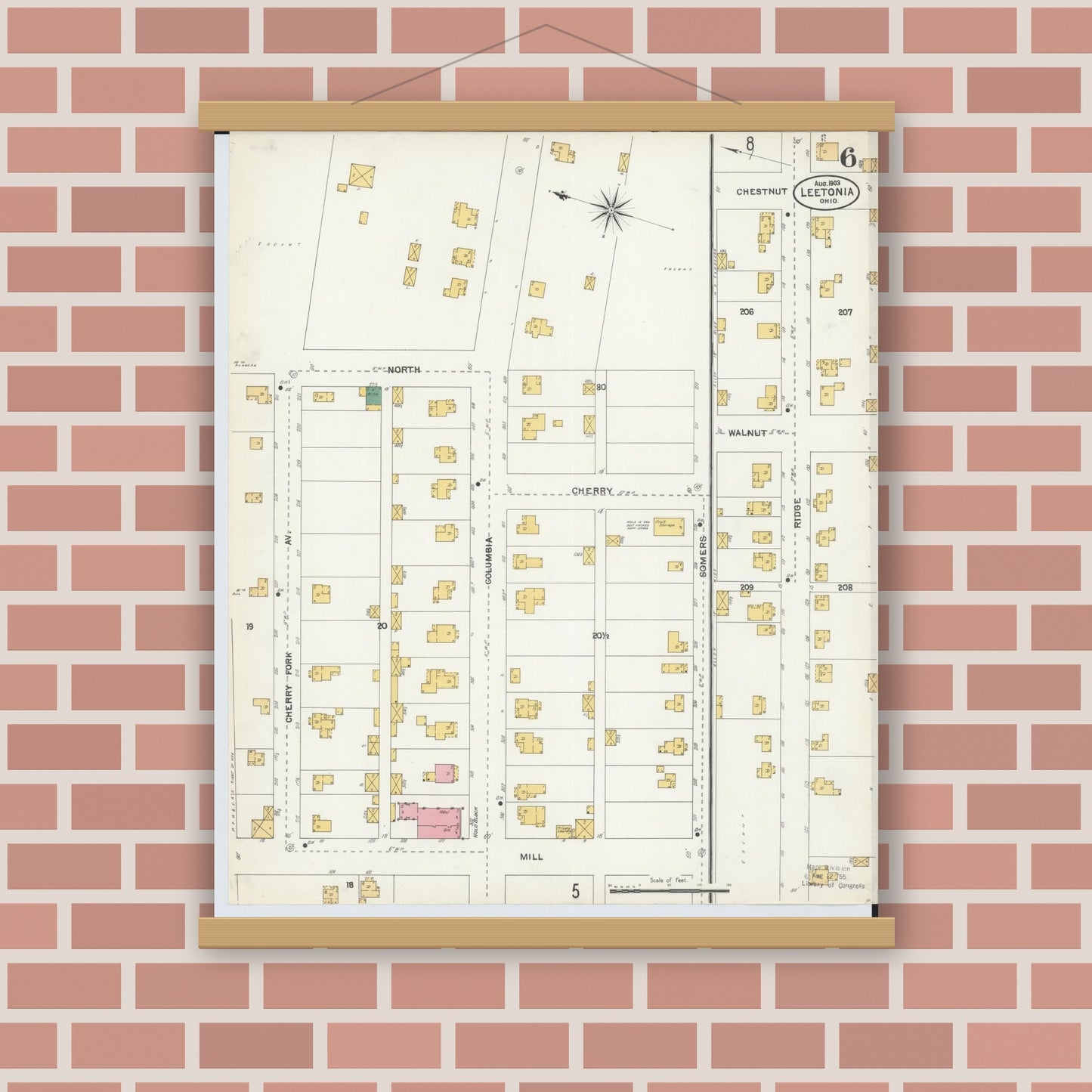 Old map wall art mockup — magnetic wood frame on brick wall — Sanborn Fire Insurance Map from Leetonia, Columbiana County, Ohio (1903), Sheet #0006
