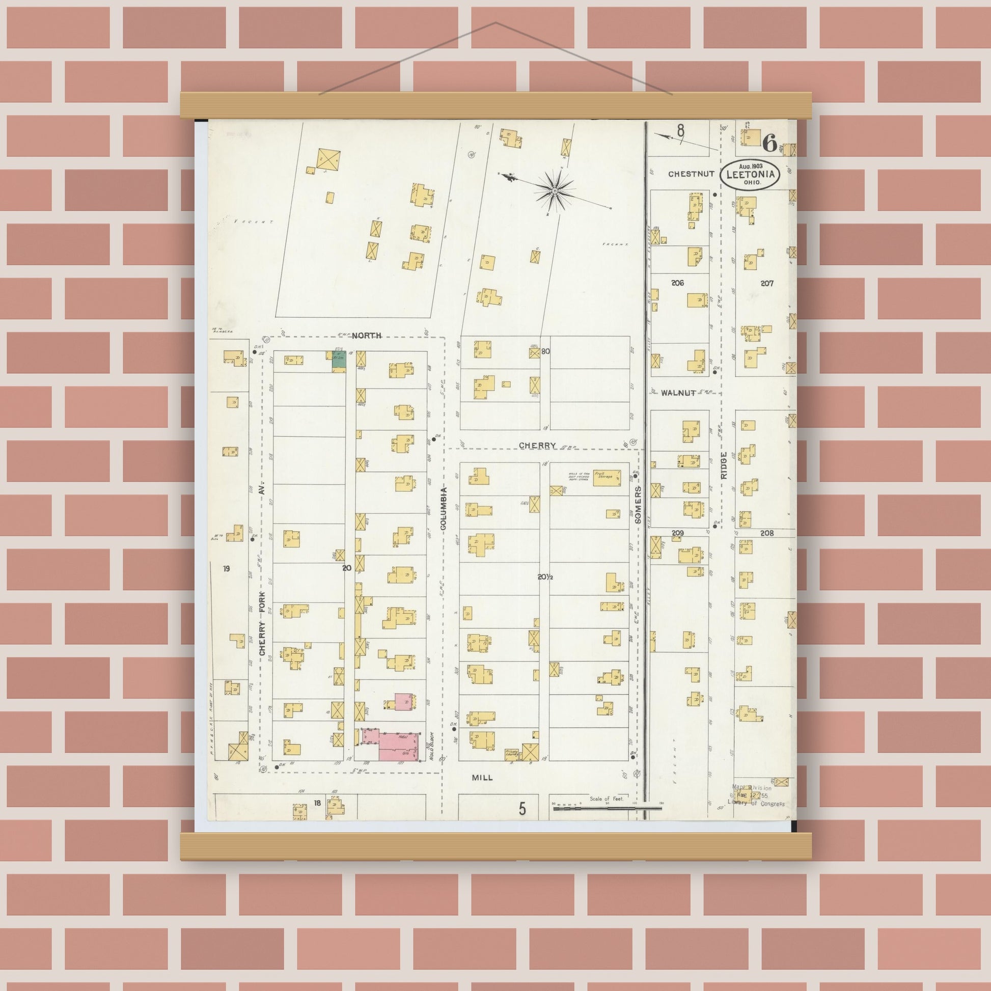 Old map wall art mockup — magnetic wood frame on brick wall — Sanborn Fire Insurance Map from Leetonia, Columbiana County, Ohio (1903), Sheet #0006