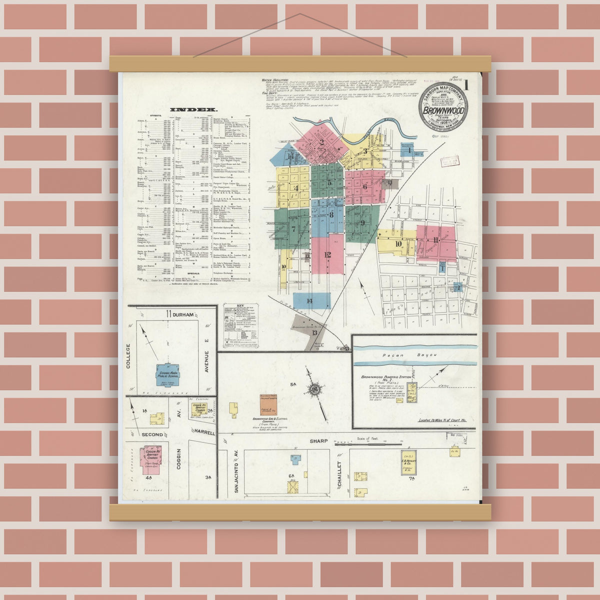 Old map wall art mockup — magnetic wood frame on brick wall — Sanborn Fire Insurance Map from Brownwood, Brown County, Texas (1909) - Complete Map Set