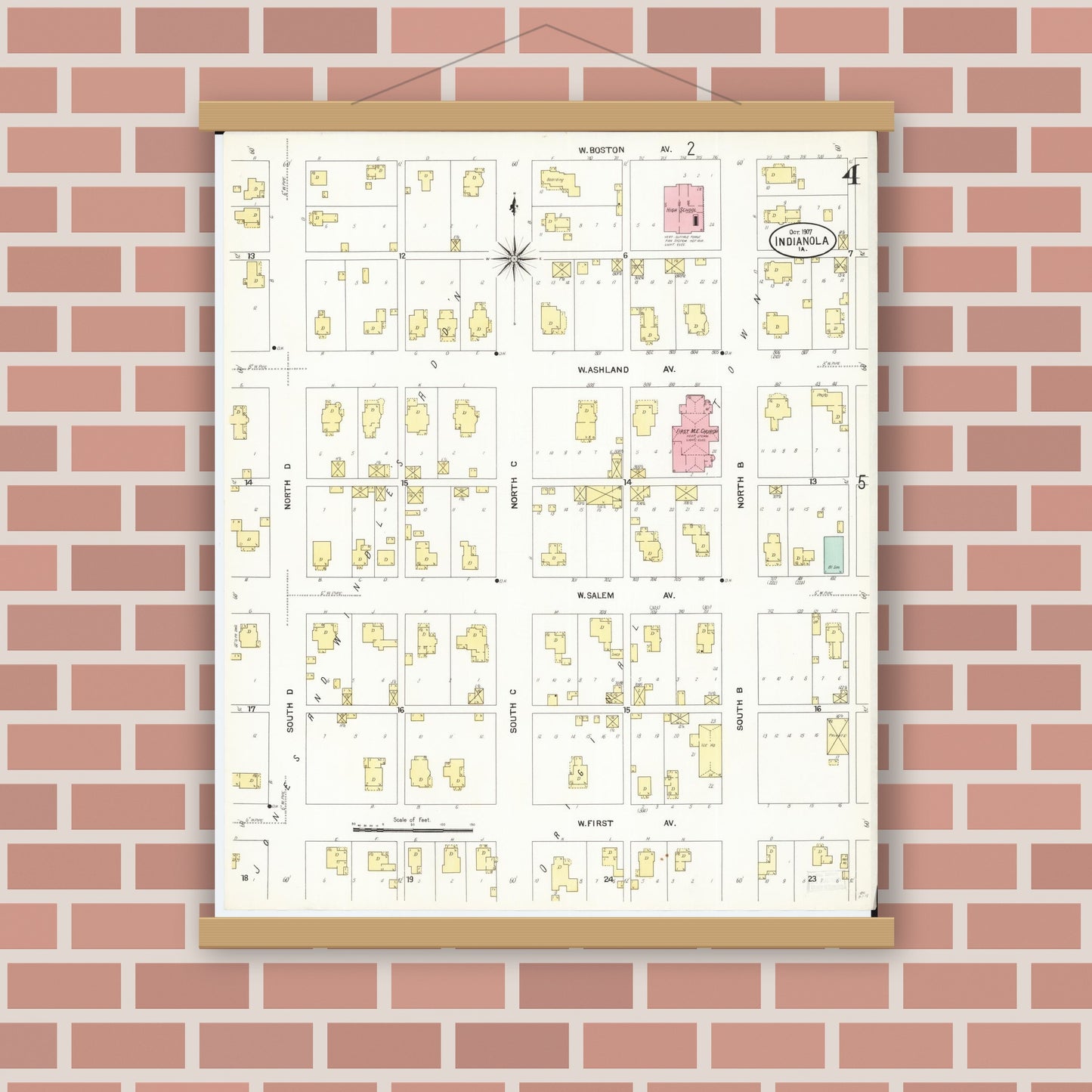 Old map wall art mockup — magnetic wood frame on brick wall — Sanborn Fire Insurance Map from Indianola, Warren County, Iowa (1907), Sheet #0004