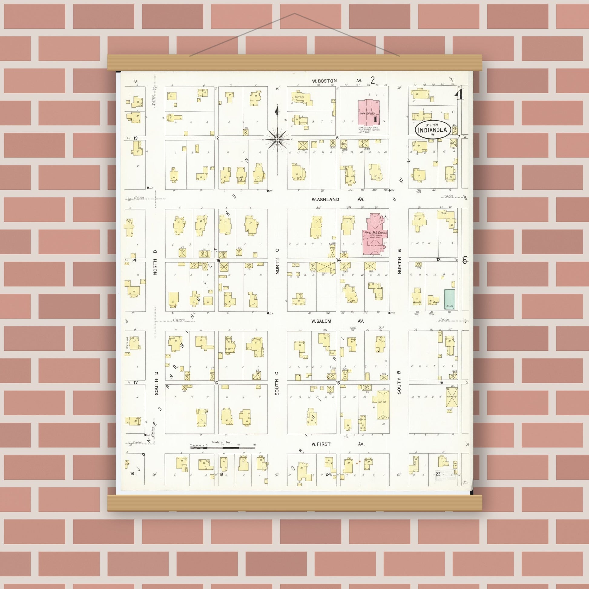 Old map wall art mockup — magnetic wood frame on brick wall — Sanborn Fire Insurance Map from Indianola, Warren County, Iowa (1907), Sheet #0004