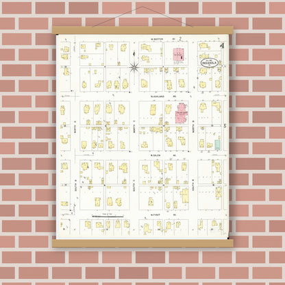 Old map wall art mockup — magnetic wood frame on brick wall — Sanborn Fire Insurance Map from Indianola, Warren County, Iowa (1907), Sheet #0004