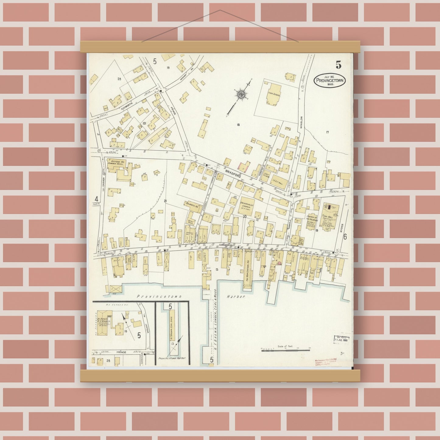 Old map wall art mockup — magnetic wood frame on brick wall — Sanborn Fire Insurance Map from Provincetown, Barnstable County, Massachusetts (1912), Sheet #0005