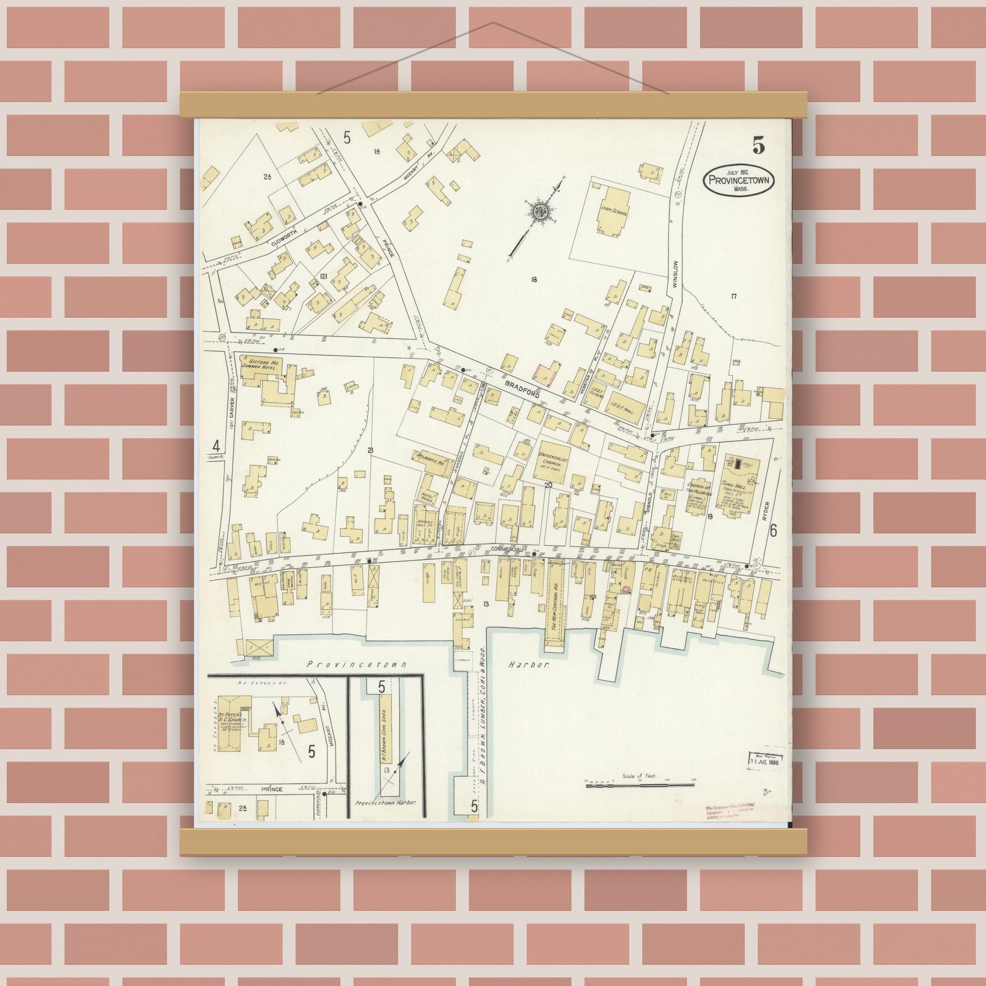 Old map wall art mockup — magnetic wood frame on brick wall — Sanborn Fire Insurance Map from Provincetown, Barnstable County, Massachusetts (1912), Sheet #0005