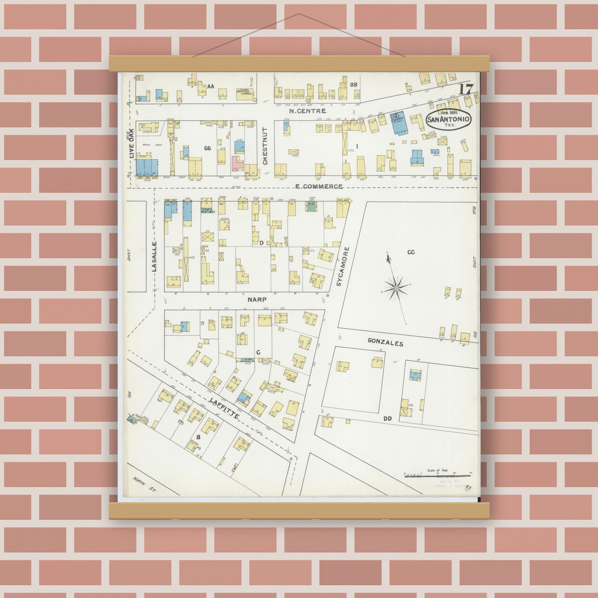 Old map wall art mockup — magnetic wood frame on brick wall — Sanborn Fire Insurance Map from San Antonio, Bexar County, Texas (1892), Sheet #0017