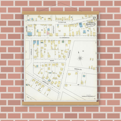 Old map wall art mockup — magnetic wood frame on brick wall — Sanborn Fire Insurance Map from San Antonio, Bexar County, Texas (1892), Sheet #0017