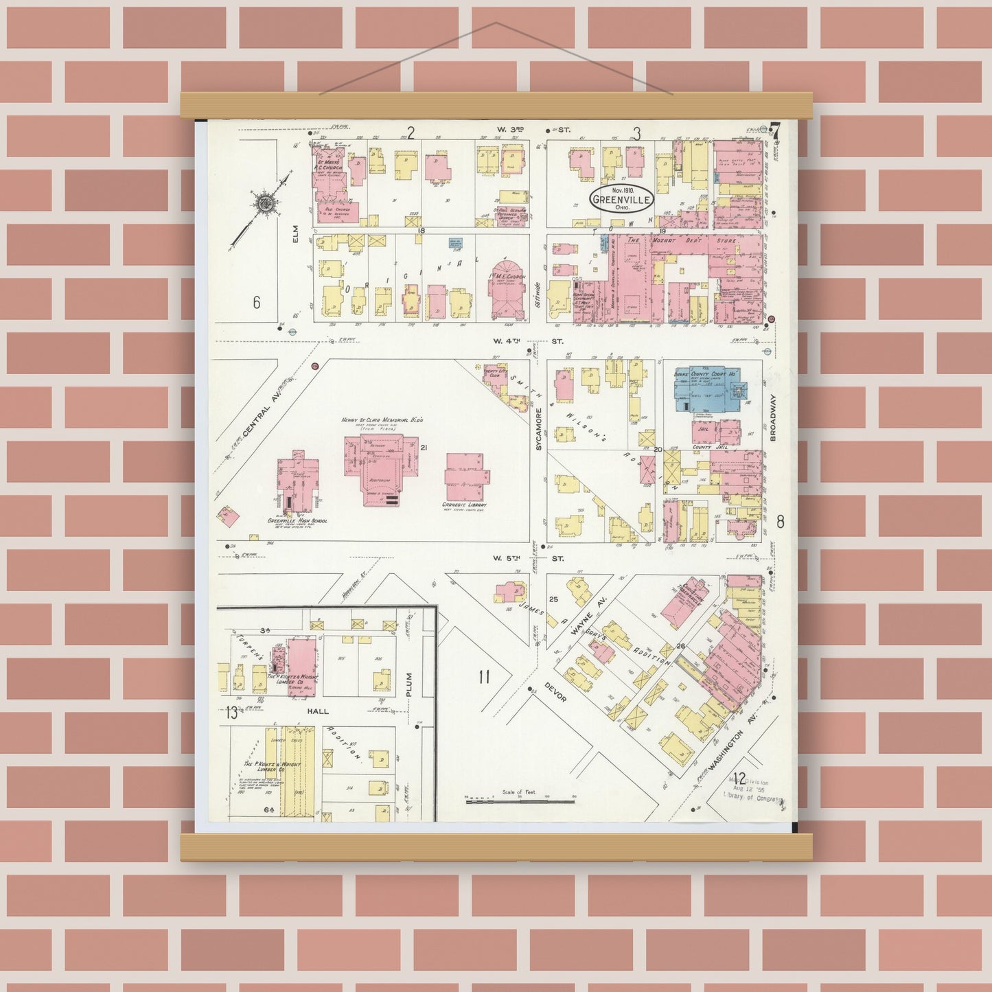 Old map wall art mockup — magnetic wood frame on brick wall — Sanborn Fire Insurance Map from Greenville, Darke County, Ohio (1910), Sheet #0007