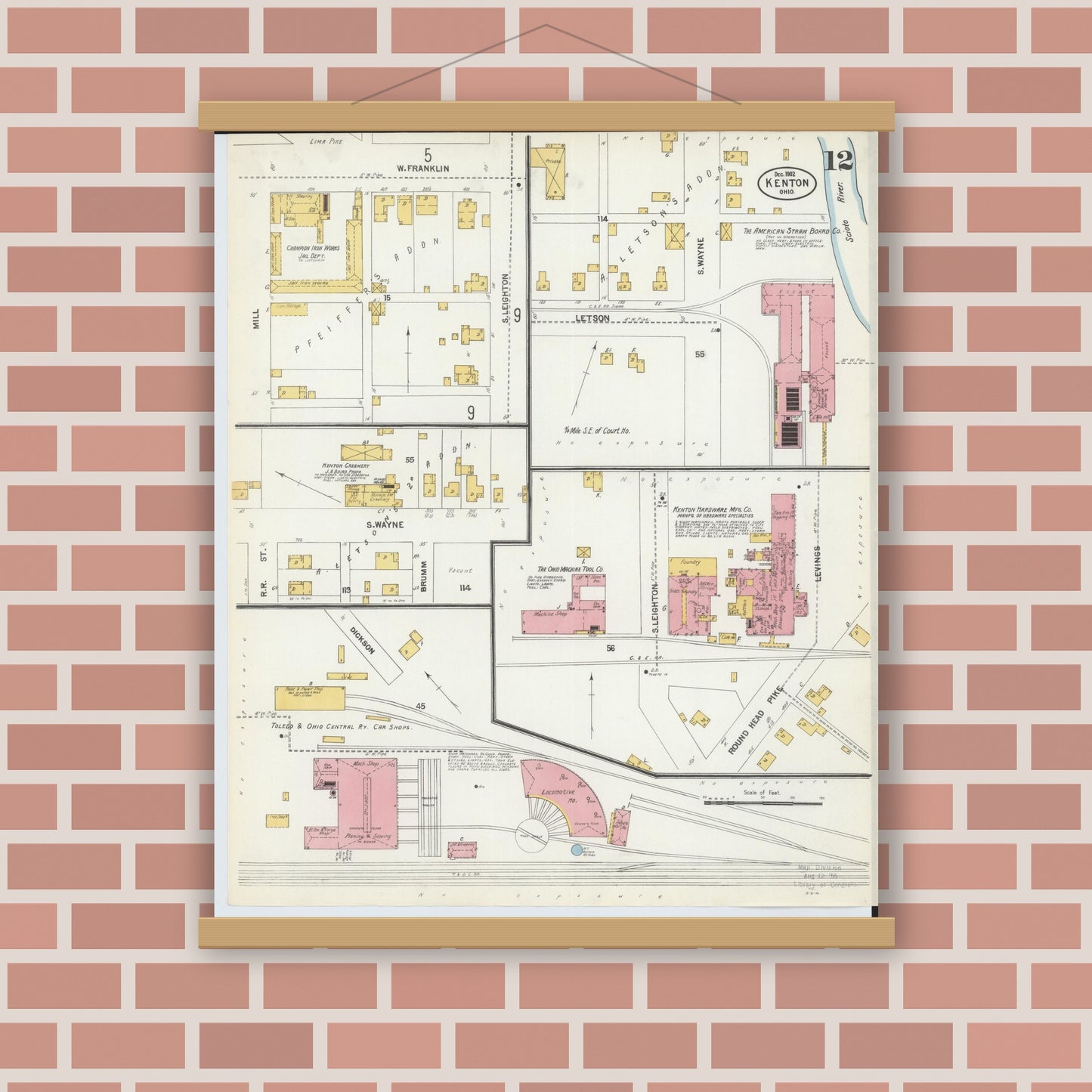 Old map wall art mockup — magnetic wood frame on brick wall — Sanborn Fire Insurance Map from Kenton, Hardin County, Ohio (1902), Sheet #0012