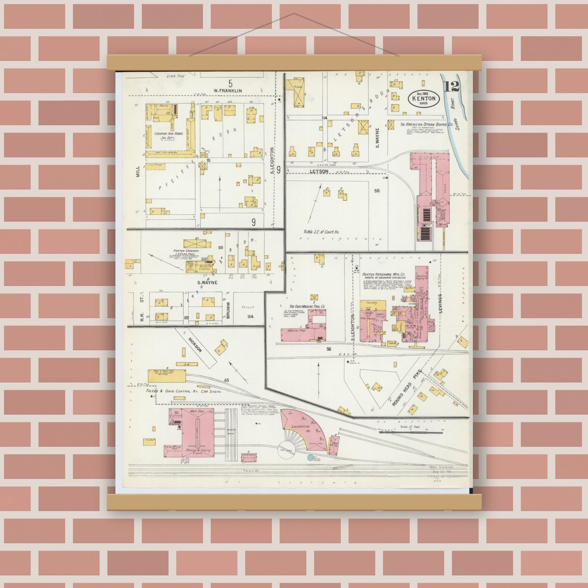 Old map wall art mockup — magnetic wood frame on brick wall — Sanborn Fire Insurance Map from Kenton, Hardin County, Ohio (1902), Sheet #0012