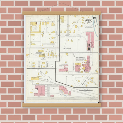 Old map wall art mockup — magnetic wood frame on brick wall — Sanborn Fire Insurance Map from Kenton, Hardin County, Ohio (1902), Sheet #0012