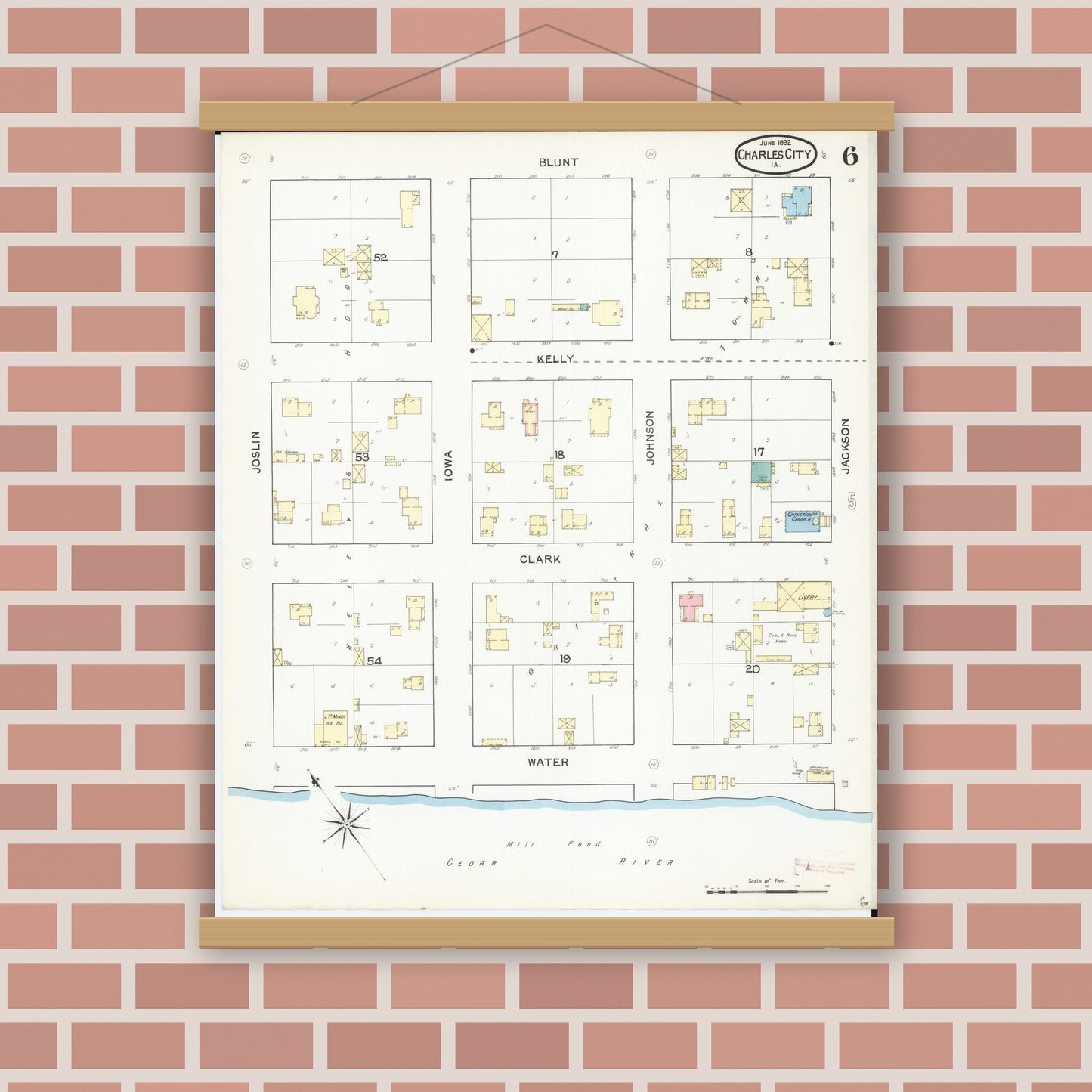 Old map wall art mockup — magnetic wood frame on brick wall — Sanborn Fire Insurance Map from Charles City, Floyd County, Iowa (1892), Sheet #0006