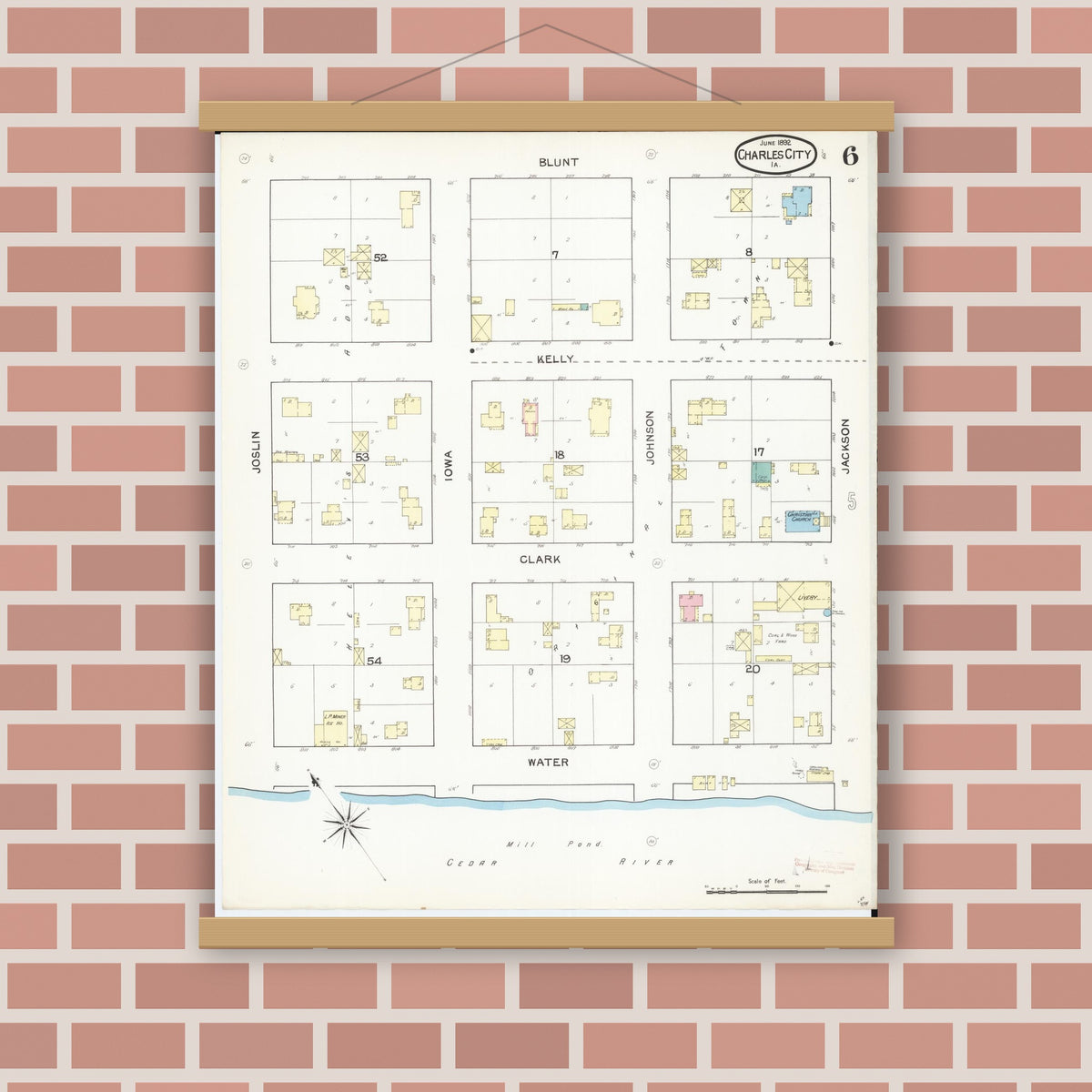 Old map wall art mockup — magnetic wood frame on brick wall — Sanborn Fire Insurance Map from Charles City, Floyd County, Iowa (1892), Sheet #0006
