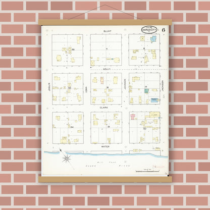 Old map wall art mockup — magnetic wood frame on brick wall — Sanborn Fire Insurance Map from Charles City, Floyd County, Iowa (1892), Sheet #0006