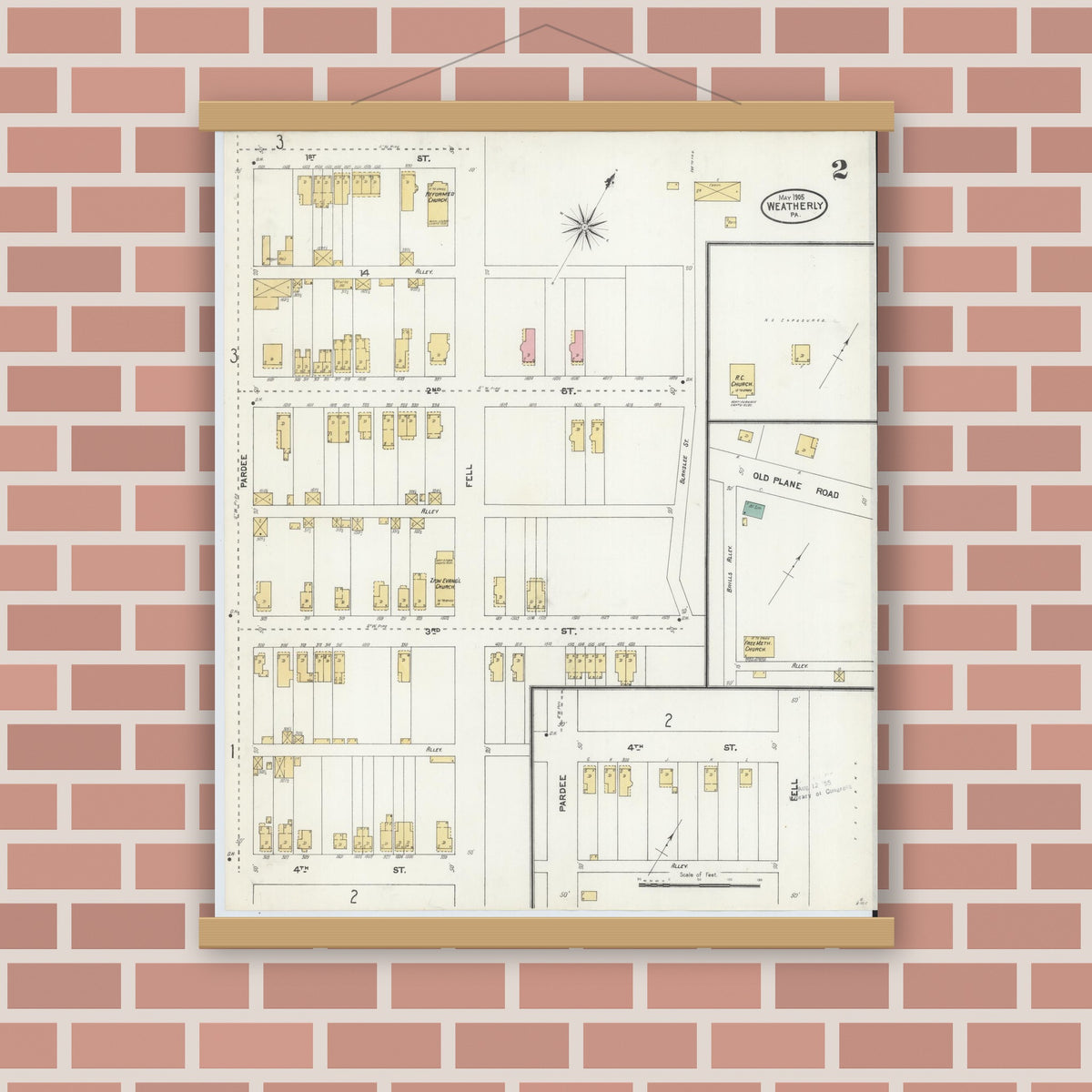 Old map wall art mockup — magnetic wood frame on brick wall — Sanborn Fire Insurance Map from Weatherly, Carbon County, Pennsylvania (1905), Sheet #0002
