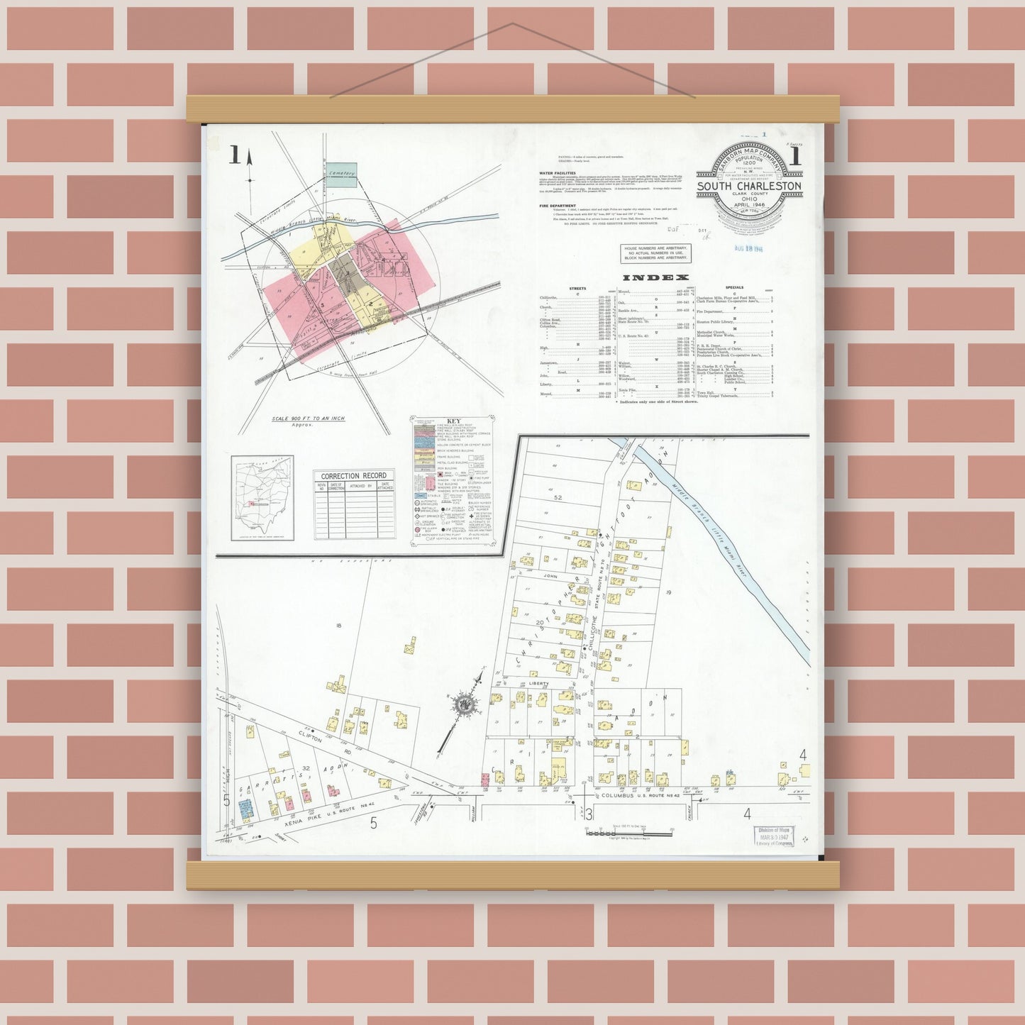 Old map wall art mockup — magnetic wood frame on brick wall — Sanborn Fire Insurance Map from South Charleston, Clark County, Ohio (1946), Sheet #0001