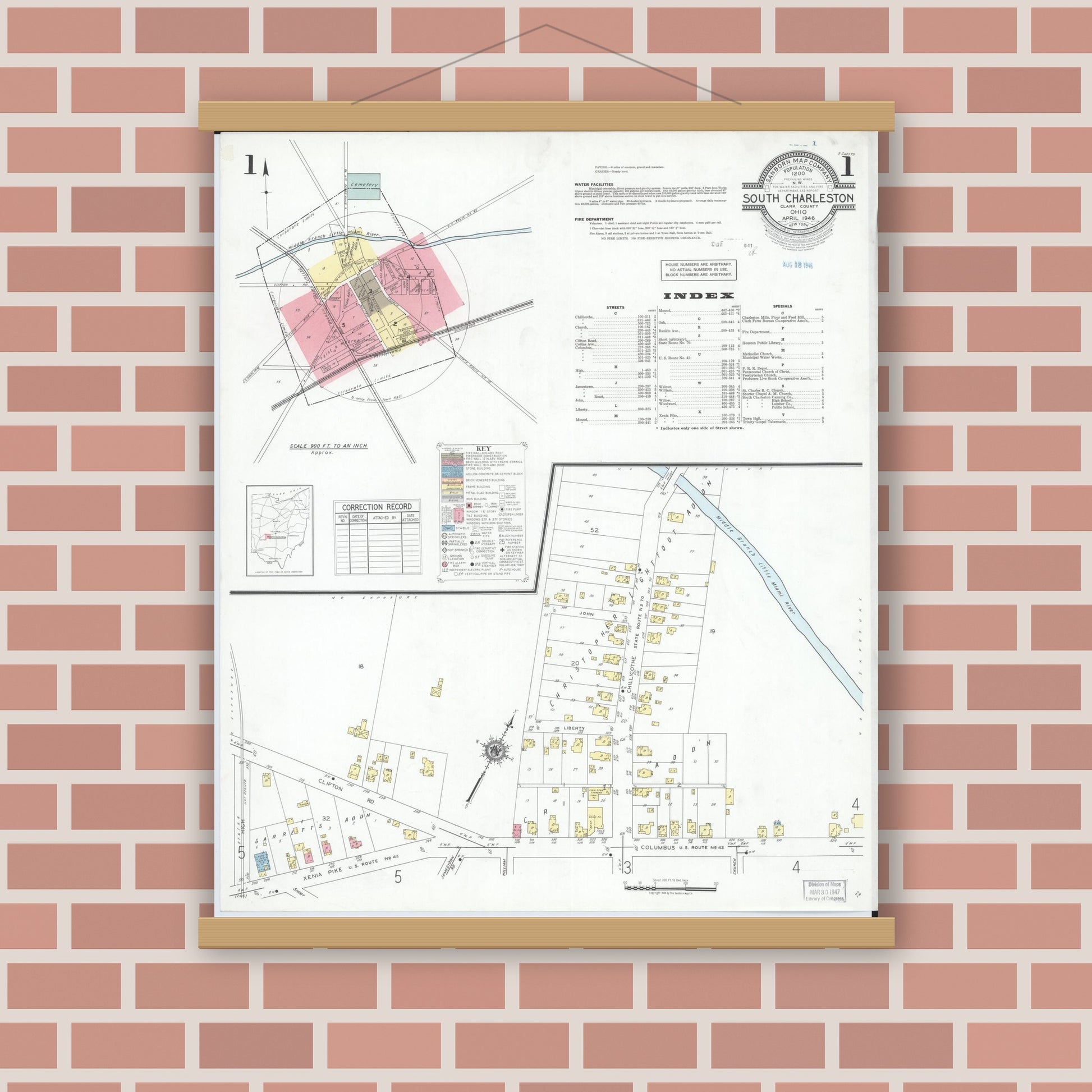 Old map wall art mockup — magnetic wood frame on brick wall — Sanborn Fire Insurance Map from South Charleston, Clark County, Ohio (1946), Sheet #0001