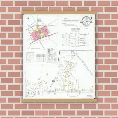 Old map wall art mockup — magnetic wood frame on brick wall — Sanborn Fire Insurance Map from South Charleston, Clark County, Ohio (1946), Sheet #0001