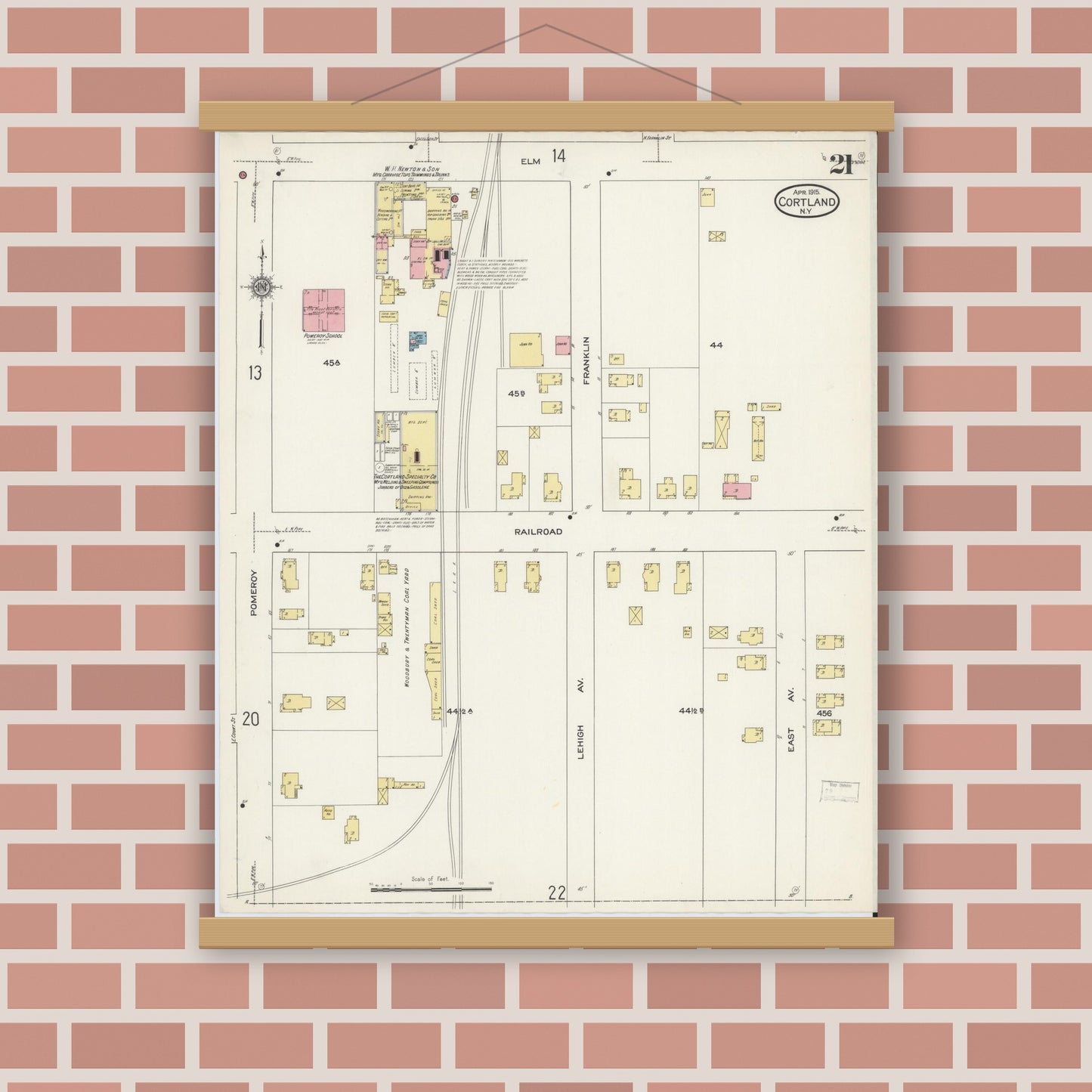 Old map wall art mockup — magnetic wood frame on brick wall — Sanborn Fire Insurance Map from Cortland, Cortland County, New York (1915), Sheet #0021