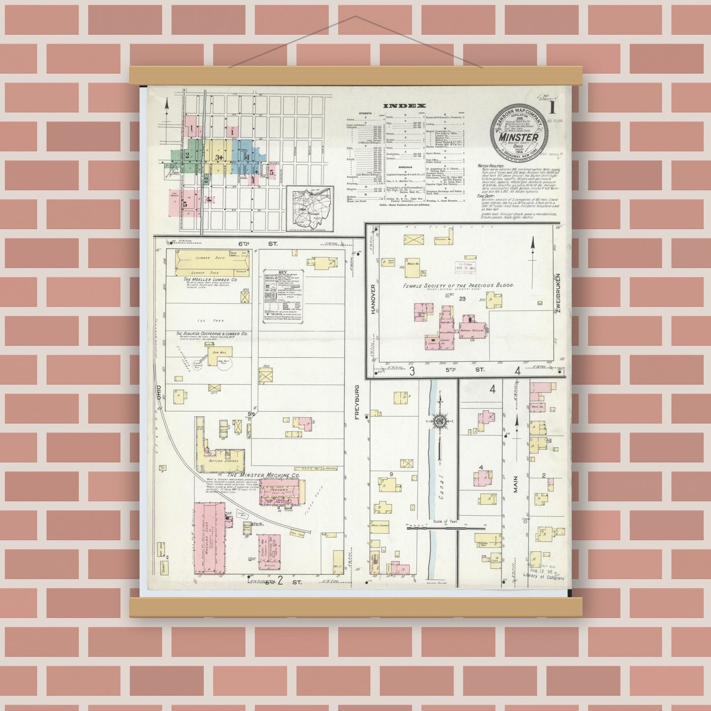 Old map wall art mockup — magnetic wood frame on brick wall — Sanborn Fire Insurance Map from Minster, Auglaize County, Ohio (1914), Sheet #0001