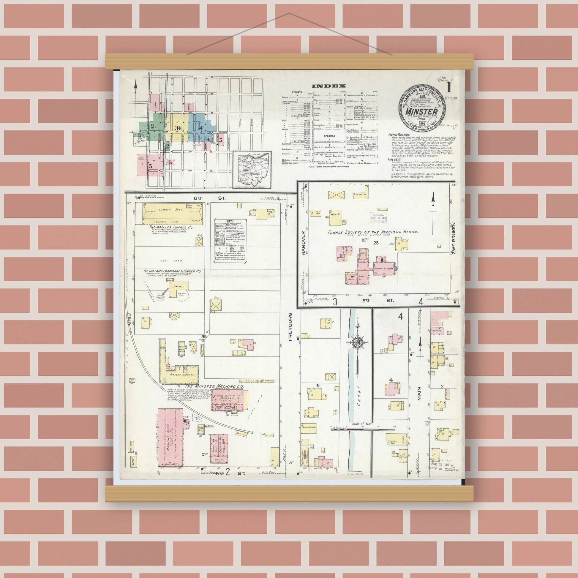 Old map wall art mockup — magnetic wood frame on brick wall — Sanborn Fire Insurance Map from Minster, Auglaize County, Ohio (1914), Sheet #0001