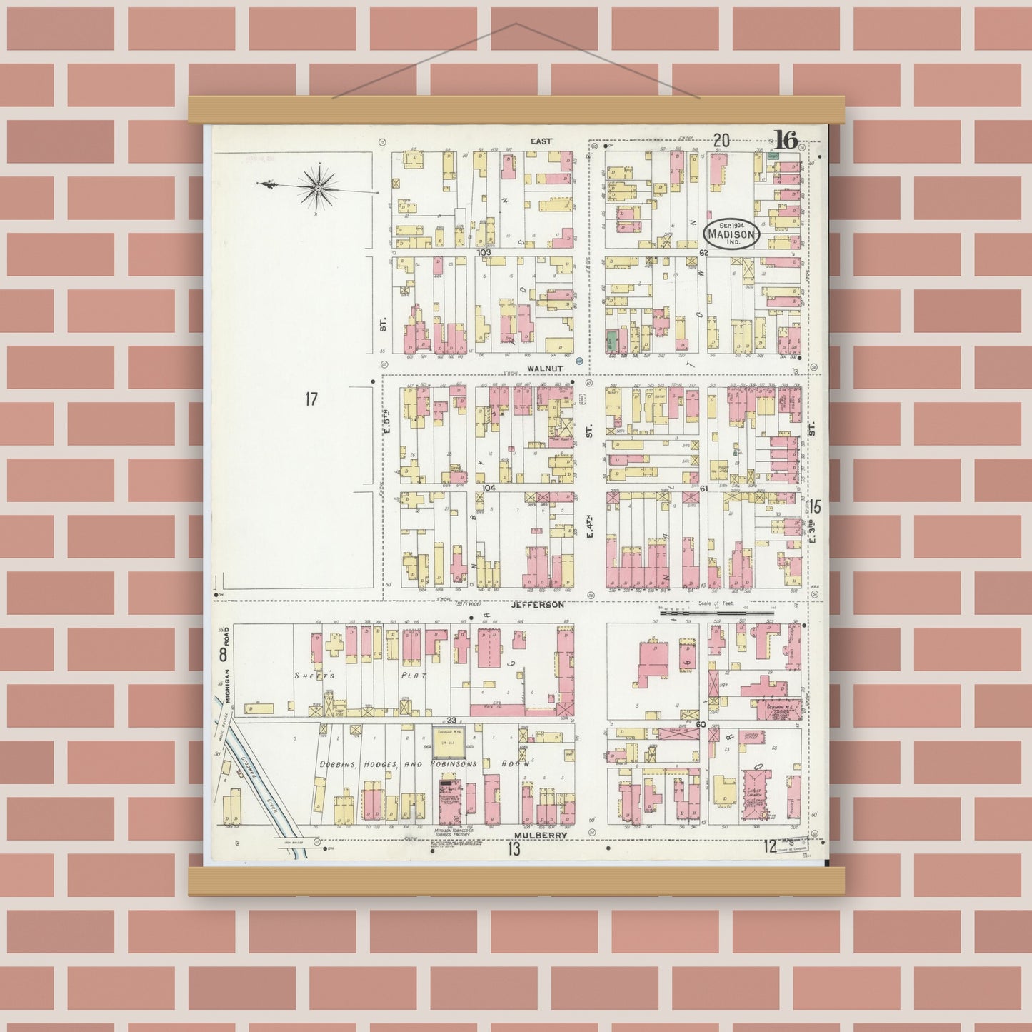 Old map wall art mockup — magnetic wood frame on brick wall — Sanborn Fire Insurance Map from Madison, Jefferson County, Indiana (1904), Sheet #0016