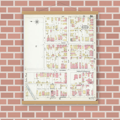Old map wall art mockup — magnetic wood frame on brick wall — Sanborn Fire Insurance Map from Madison, Jefferson County, Indiana (1904), Sheet #0016