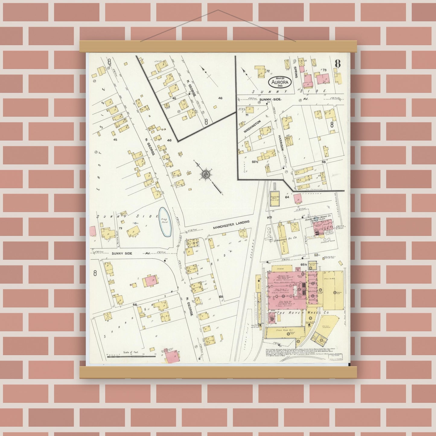 Old map wall art mockup — magnetic wood frame on brick wall — Sanborn Fire Insurance Map from Aurora, Dearborn County, Indiana (1911), Sheet #0008