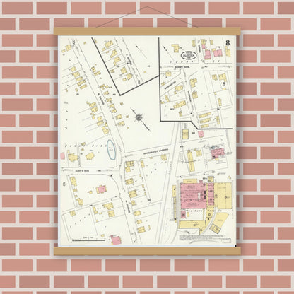 Old map wall art mockup — magnetic wood frame on brick wall — Sanborn Fire Insurance Map from Aurora, Dearborn County, Indiana (1911), Sheet #0008