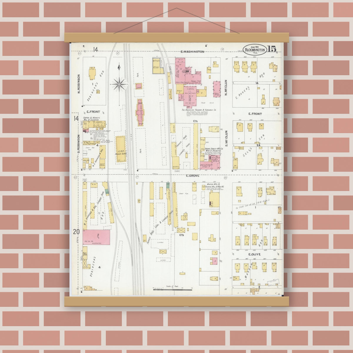 Old map wall art mockup — magnetic wood frame on brick wall — Sanborn Fire Insurance Map from Bloomington, McLean County, Illinois (1901), Sheet #0015