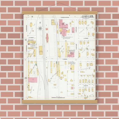 Old map wall art mockup — magnetic wood frame on brick wall — Sanborn Fire Insurance Map from Bloomington, McLean County, Illinois (1901), Sheet #0015