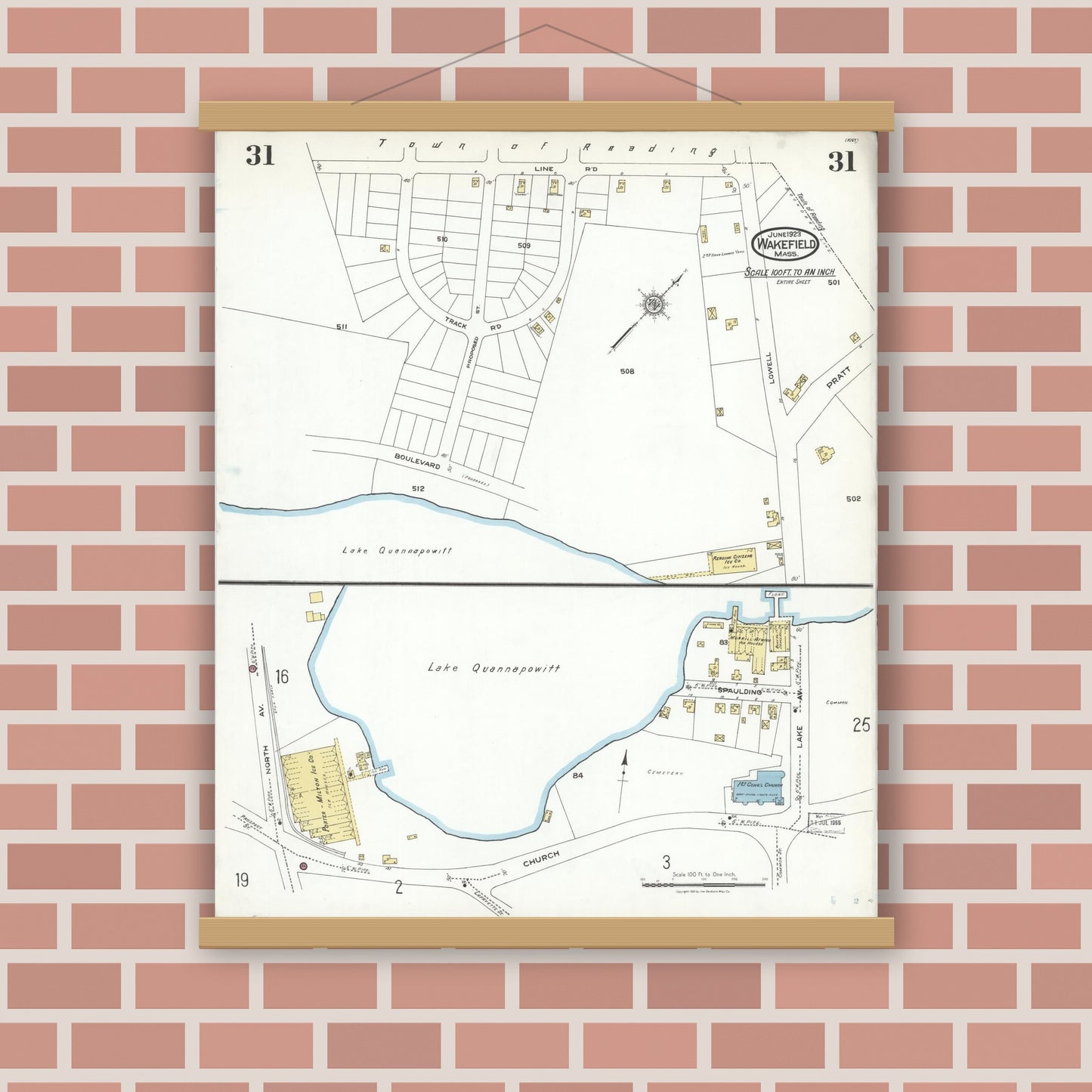 Old map wall art mockup — magnetic wood frame on brick wall — Sanborn Fire Insurance Map from Wakefield, Middlesex County, Massachusetts (1923), Sheet #0031