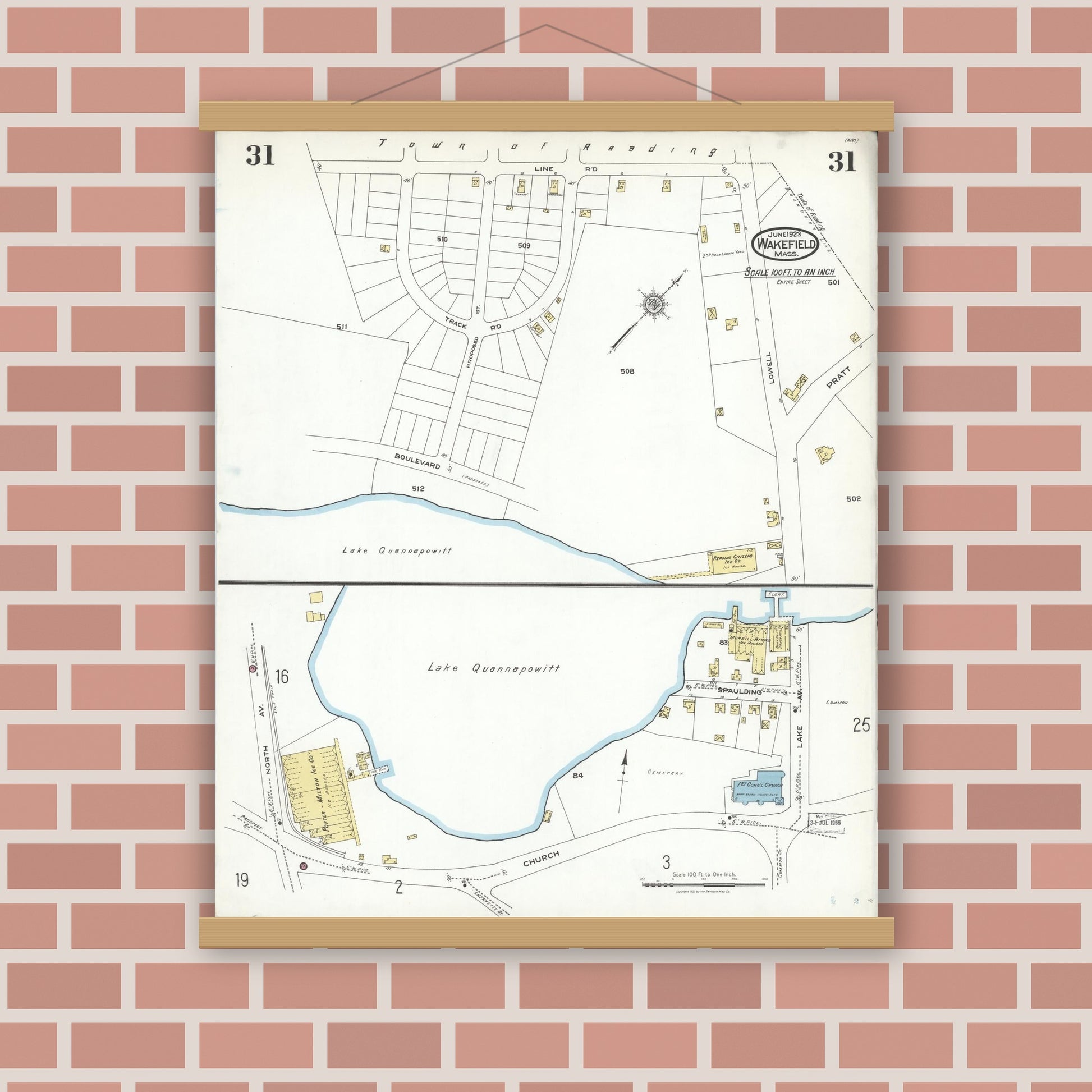 Old map wall art mockup — magnetic wood frame on brick wall — Sanborn Fire Insurance Map from Wakefield, Middlesex County, Massachusetts (1923), Sheet #0031