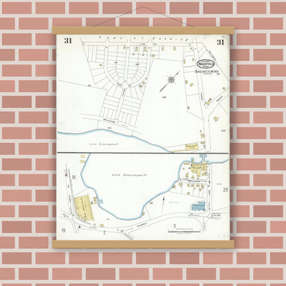 Old map wall art mockup — magnetic wood frame on brick wall — Sanborn Fire Insurance Map from Wakefield, Middlesex County, Massachusetts (1923), Sheet #0031