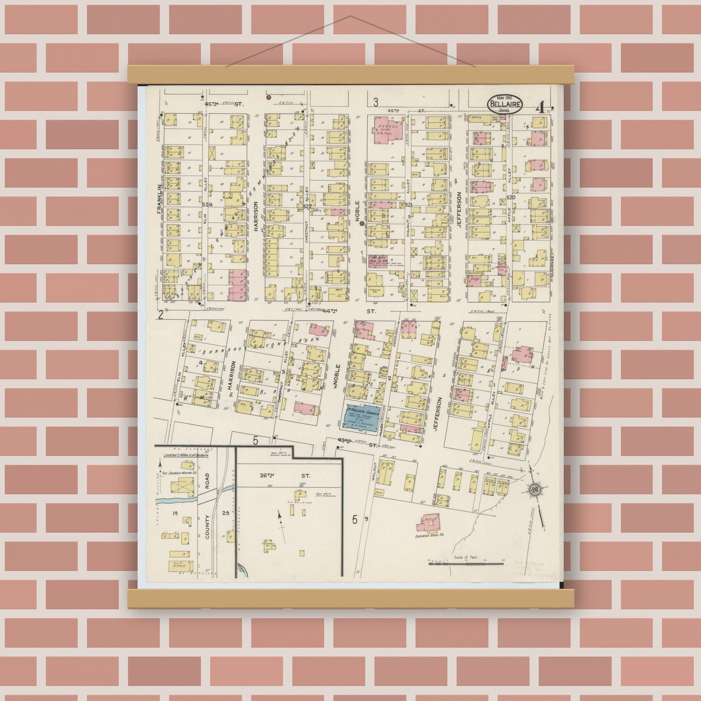Old map wall art mockup — magnetic wood frame on brick wall — Sanborn Fire Insurance Map from Bellaire, Belmont County, Ohio (1915), Sheet #0004